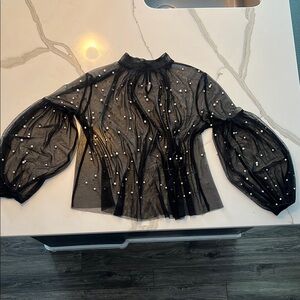 Black sheer shirt with while pears Puff Sleeve Blouse